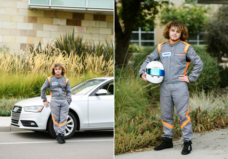 Teen boy in race car driving suit and helmet in front of white car in Sacramento