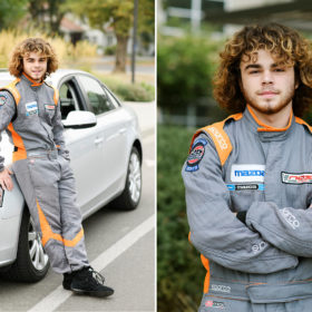 Close up of high school senior boy in racing suit leaning against car in Sacramento
