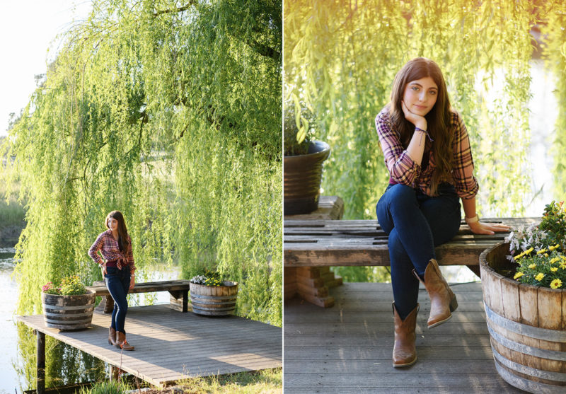 Teen girl posing by weeping tree and lake in Colusa Riverside Alpaca Ranch Farm in Lincoln