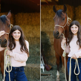Teen girl posing with a horse in the barn at Colusa Riverside Alpacas in Lincoln