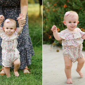Baby girl walking and wearing a floral romper in Davis park