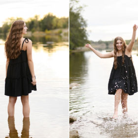 High school senior girl splashing in the water in Sacramento