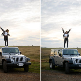 High school senior girl standing on top of jeep during the sunset in Sacramento