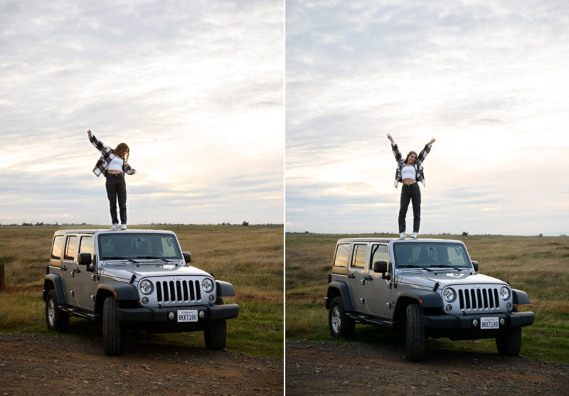 High school senior girl standing on top of jeep during the sunset in Sacramento