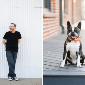 man posing and boston terrier with bow tie in downtown sacramento california
