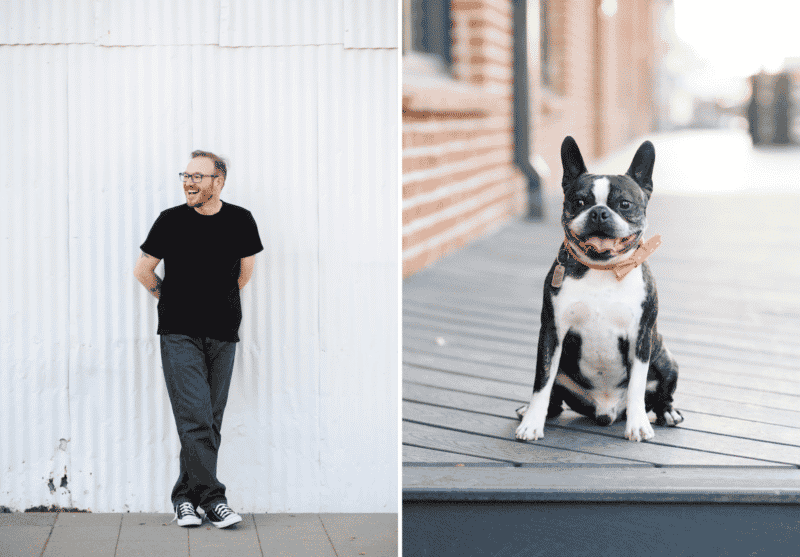 man posing and boston terrier with bow tie in downtown sacramento california