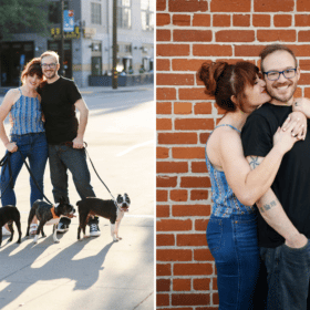 couple posing with boston terrier dogs in downtown sacramento california