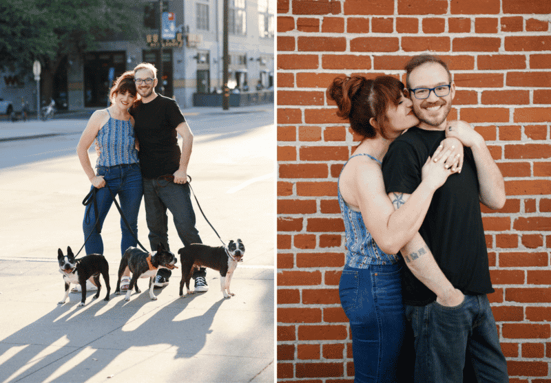 couple posing with boston terrier dogs in downtown sacramento california