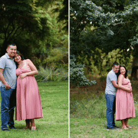 maternity photo shoot with couple in northern california in grassy field among trees