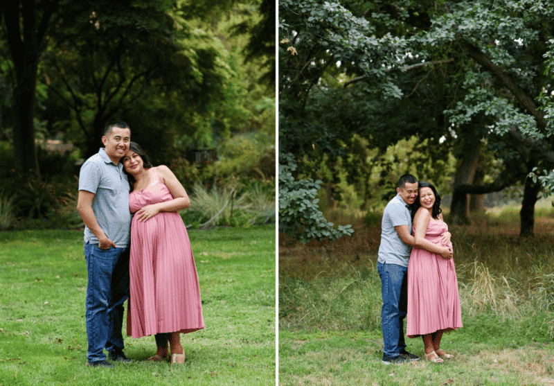 maternity photo shoot with couple in northern california in grassy field among trees