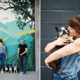 couple posing with boston terrier dogs in front of murals in downtown sacramento california