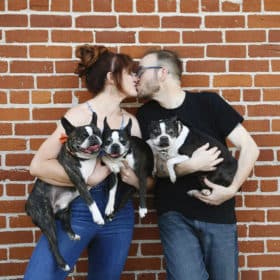 couple kissing in front of red brick wall with boston terrier dogs in downtown sacramento california