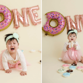 one year old girl donut studio photoshoot baby crying and smiling with pink skirt