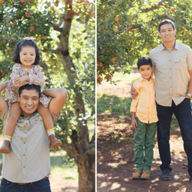 dad with daughter and son in apple orchard fall family photos sacramento california