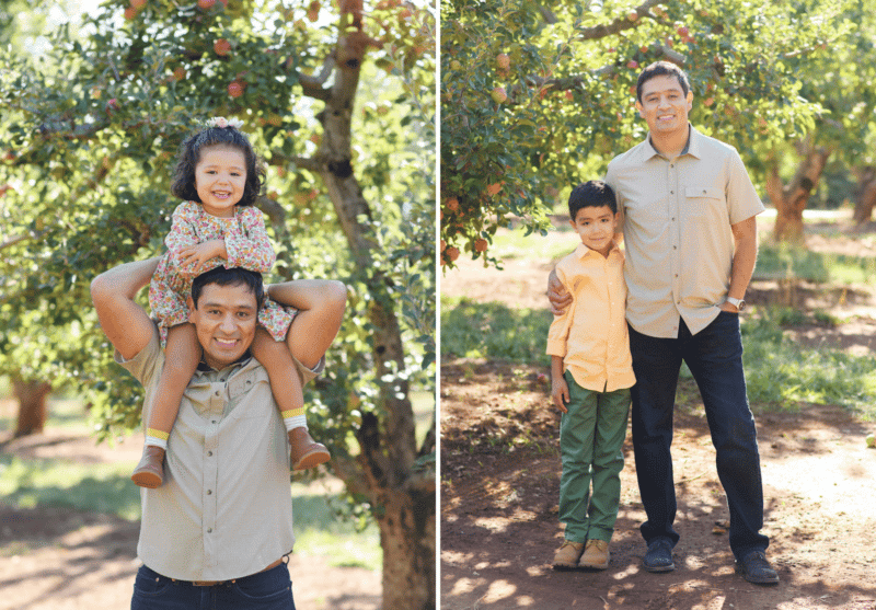 dad with daughter and son in apple orchard fall family photos sacramento california