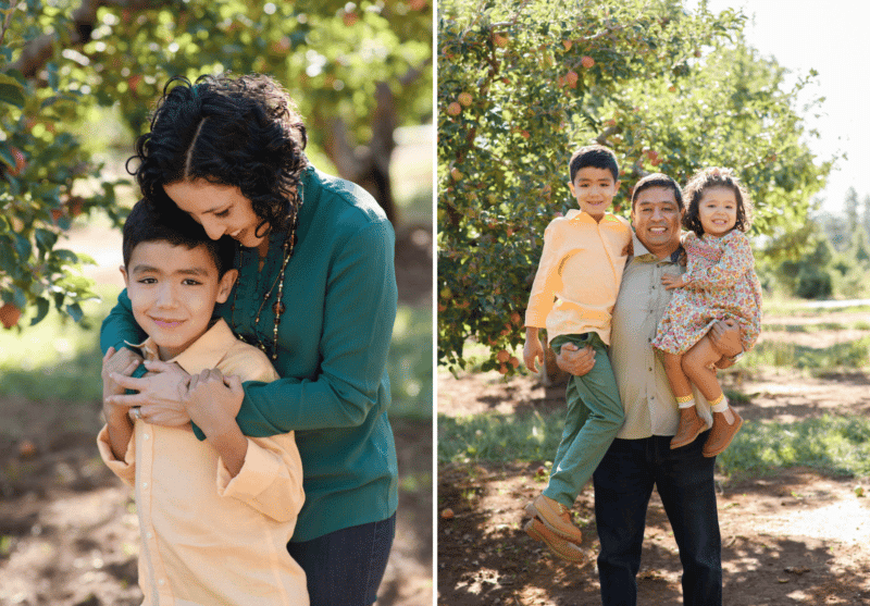 mom and son, dad with kids in apple orchard during fall family photos in sacramento california