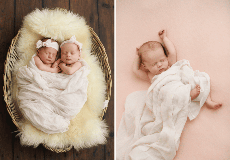 twin girls newborn baby studio photo shoot pink headband 