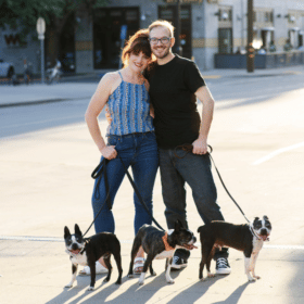 couple in Sacramento California with three boston terrier dogs