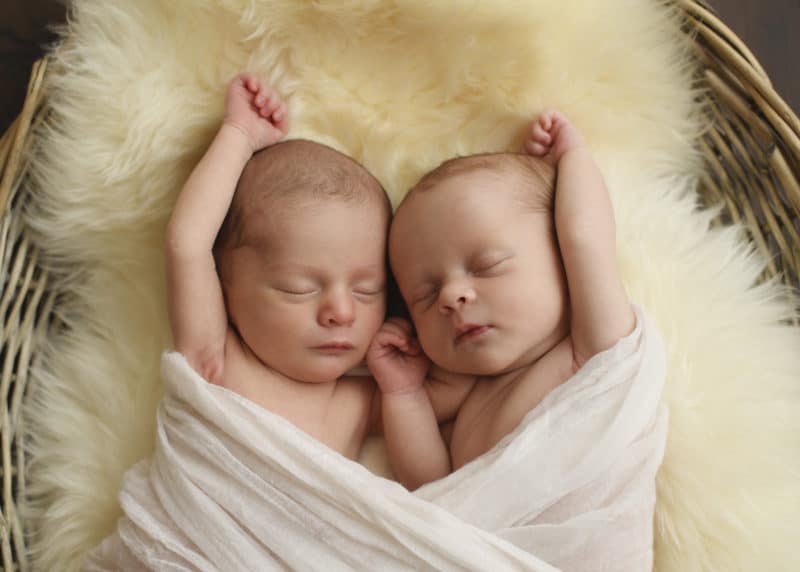 twin newborn baby girls in a blanket studio photo shoot 