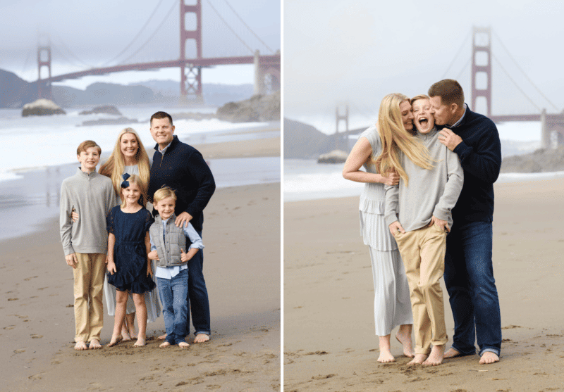 family photos on the beach in front of the golden gate bridge in san francisco
