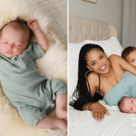 newborn baby boy sleeping with arms up, mom with sons laying on bed
