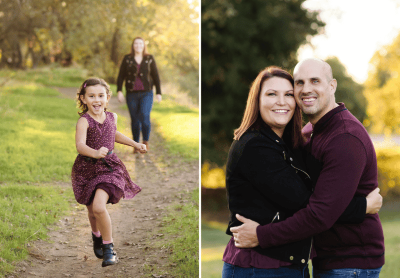 daughter running, mom and dad hugging during fall family photo shoot
