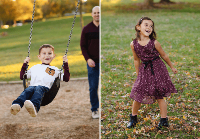 young boy being pushed on a swing by his dad, young girl dancing in the fall leaves
