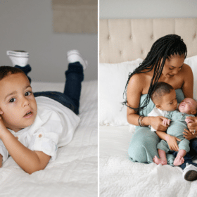 big brother laying on bed, mom with brother and newborn boy at-home photo session