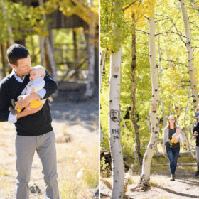 dad and baby, family of four walking among aspen trees truckee california