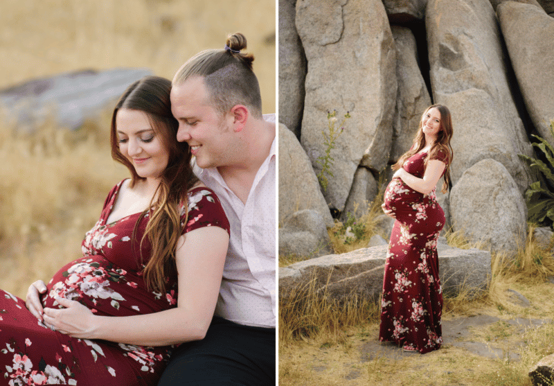 mom and dad looking at pregnant belly, pregnancy photos granite bay california