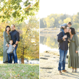 family of three kissing, natural poses in the fall leaves