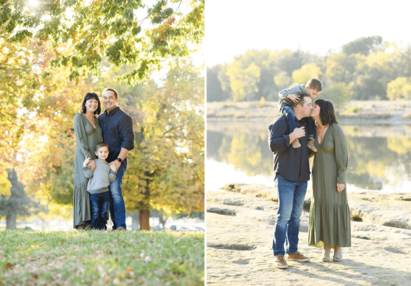 family of three kissing, natural poses in the fall leaves