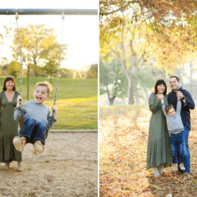 boy swinging with mom, family of three giggling among fall leaves