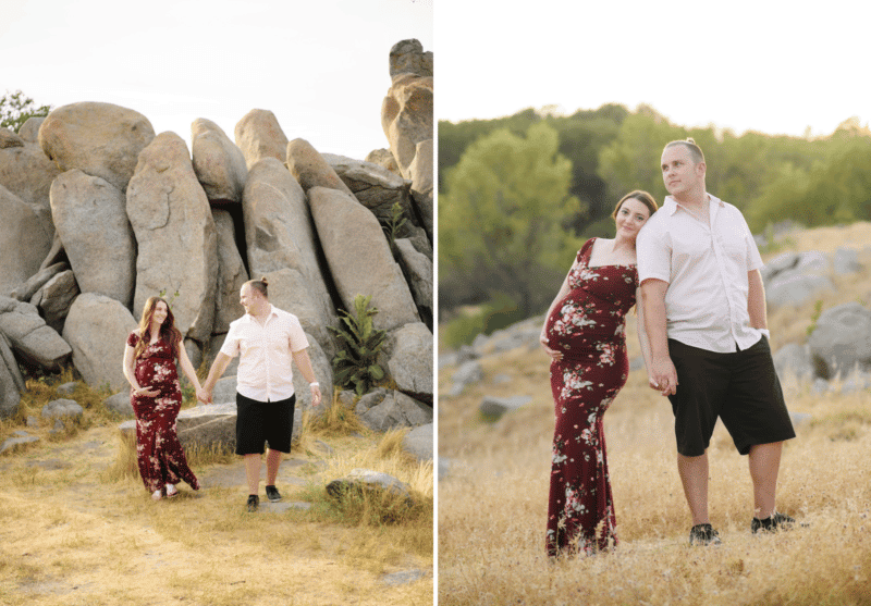 mom and dad during maternity photo shoot in the sunset granite bay california