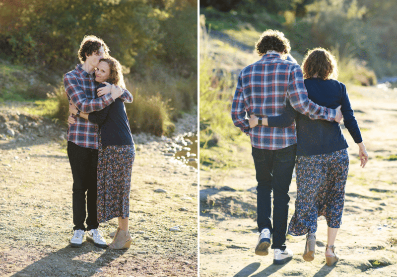 mom and son hugging, walking along the river in rancho cordova california