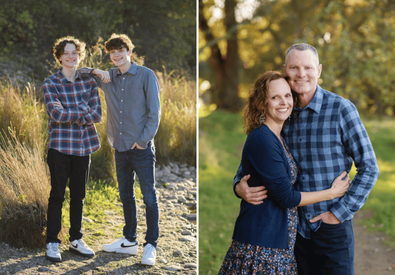 two brother posing, mom and dad hugging during fall family photos