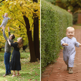young boy running in a path, family of three fall photos