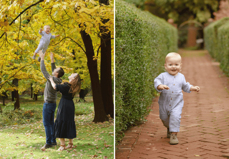 young boy running in a path, family of three fall photos