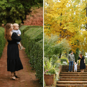 mom with son, family walking down stairs during fall family photos