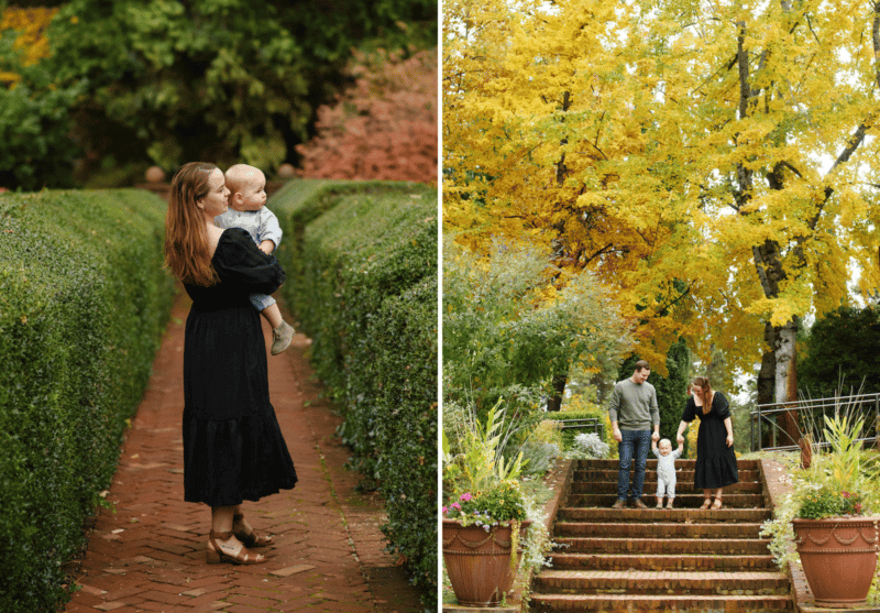 mom with son, family walking down stairs during fall family photos