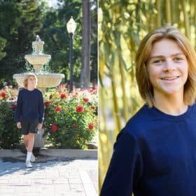 senior photo session teen boy in front of fountain and roses
