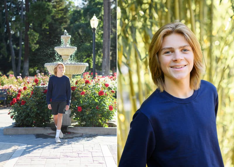 senior photo session teen boy in front of fountain and roses