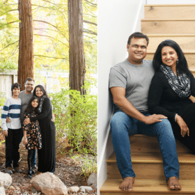 family of four posing by the trees, mom and dad sitting on steps at home