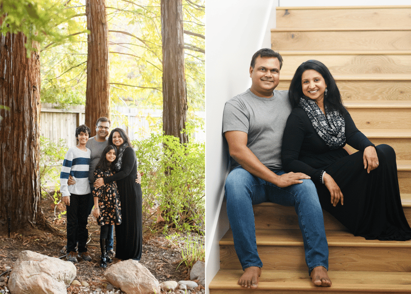 family of four posing by the trees, mom and dad sitting on steps at home