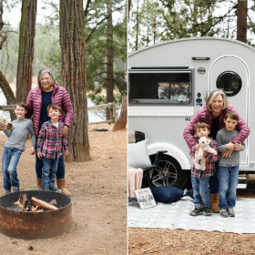 mom and sons standing by campfire, camper in the woods