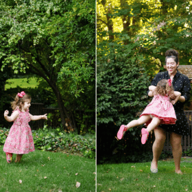 young girl twirling, mom and daughter dancing on the lawn