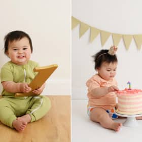 baby girl holding one, looking into smash cake studio photo shoot