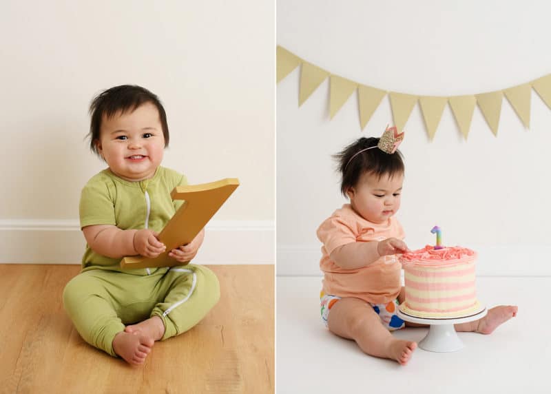 baby girl holding one, looking into smash cake studio photo shoot