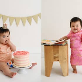 one year old baby girl eating smash cake, smiling in traditional dress