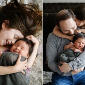 sister with newborn baby brother, dad with kids